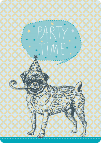 Postkarte Mops Party Time